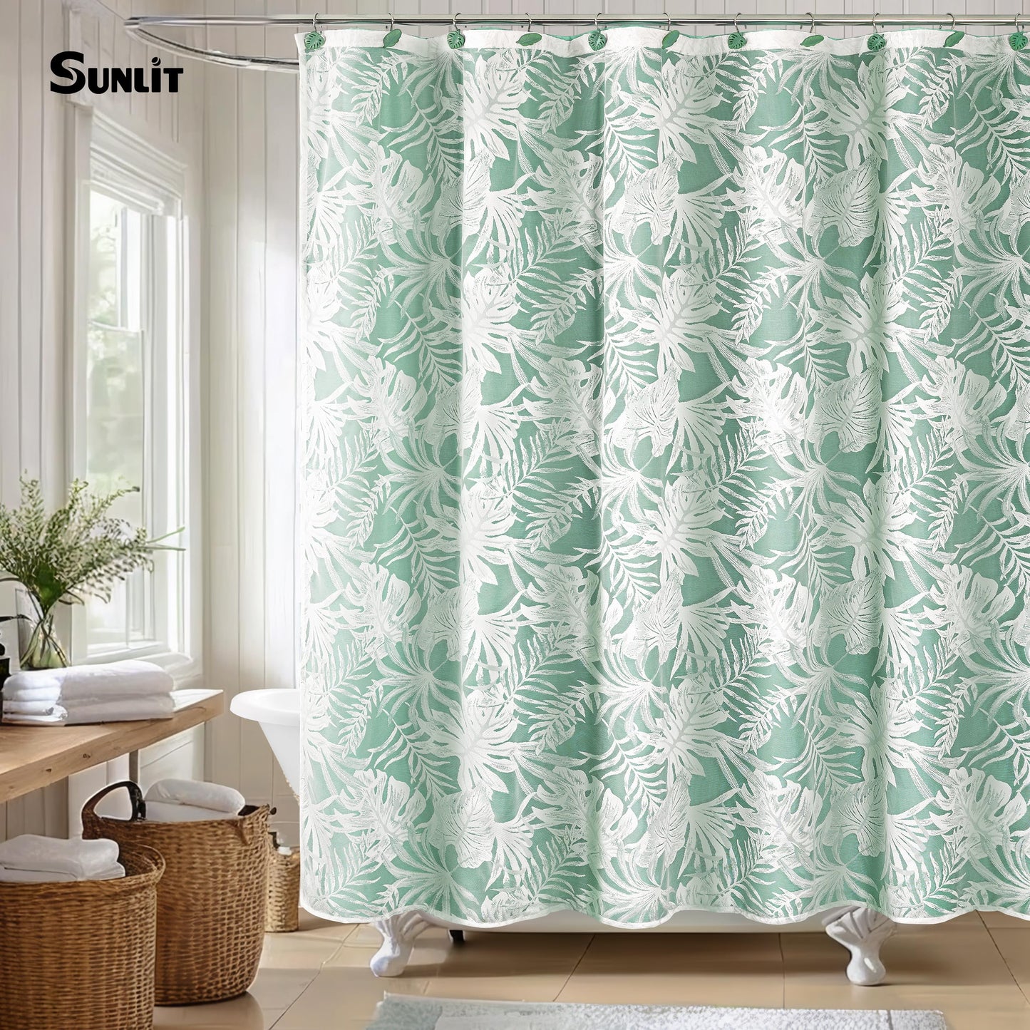 White Palm Leaves Fabric Shower Curtains with Green Liner, Tropical Leaf Detachable Double Layer Shower Curtain for Bathroom, Water-Repellent Home Bathroom Decor, 71x71 Inch