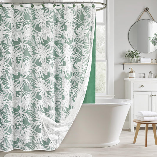 White Palm Leaves Fabric Shower Curtains with Green Liner, Tropical Leaf Detachable Double Layer Shower Curtain for Bathroom, Water-Repellent Home Bathroom Decor, 71x71 Inch