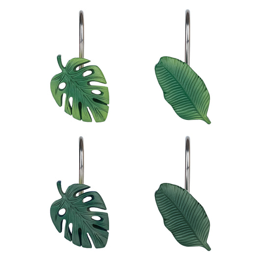 Tropical Leaf Decorative Shower Curtain Hooks Green Botanical Shower Curtain Rings, Resin, Monstera Deliciosa Strelitzia Reginae Leaves Shower Curtain Hangers for Bathroom, Set of 12