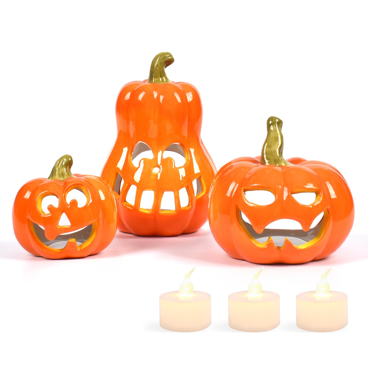 Sunlit Ceramic Pumpkin with 3 Tea Lights, Jack-O-Lantern Candle Holder Set of 3, Tabletop Indoor Halloween Decorations for Holiday Party Home