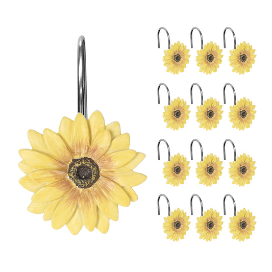 Sunlit Yellow Sunflower Shower Curtain Hooks, Home Decorative Shower Curtain Rings for Bathroom, Resin, Summer Floral Shower Curtain Hanger Hooks for Living Room, Set of 12