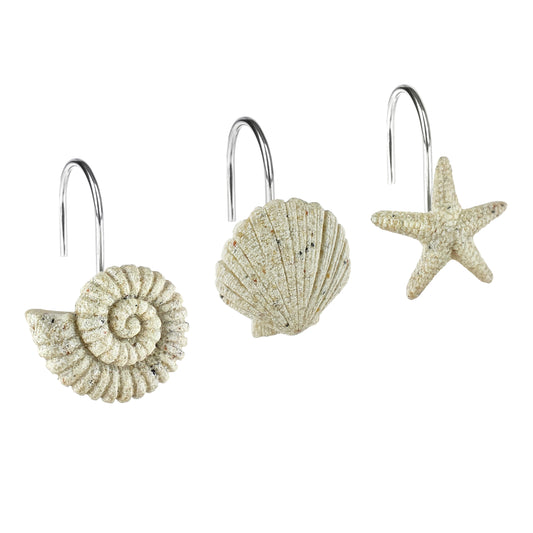 Sunlit Seashells Starfish Conch Decorative Shower Curtain Hooks, Natural Sand and Stone Ocean Creatures Coastal Shower Curtain Rings, Nautical Bathroom Decoration Beach Shower Curtain Hooks-12 Pack