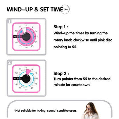 TWENTY5 SEVEN Countdown Timer 7.5 inch; 60 Minute 1 Hour Visual Timer – Classroom Teaching Tool Office Meeting, Mechanical Countdown Clock for Kids Exam Time Management Magnetic, Pink