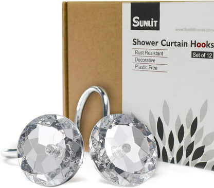 Sunlit Luxury Design Glitter Round Diamond Crystal Gem Bling Shower Curtain Hooks Rust Proof Oil Rubbed Metal Shower Curtain Rings - Rhinestones Clear Glam Shower Curtain Hooks - 12 Pack