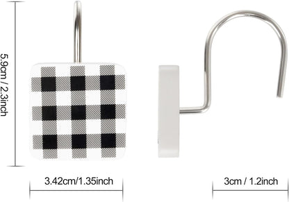 Christmas Decorative Shower Curtain Hooks, Plaid Buffalo Check Shower Curtain Rings, Xmas Classic Decor for Bathroom Home, Round Shower Curtain Hangers, Set of 12, White Black Red Green