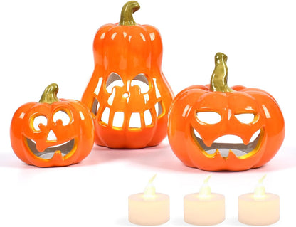 Sunlit Ceramic Pumpkin with 3 Tea Lights, Jack-O-Lantern Candle Holder Set of 3, Tabletop Indoor Halloween Decorations for Holiday Party Home