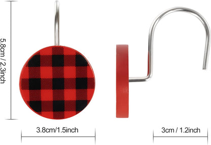 Christmas Decorative Shower Curtain Hooks, Plaid Buffalo Check Shower Curtain Rings, Xmas Classic Decor for Bathroom Home, Round Shower Curtain Hangers, Set of 12, White Black Red Green