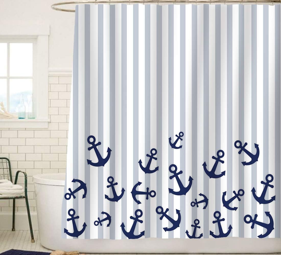 Anchor Shower Curtain Nautical Ocean Theme Blue White Stripes For