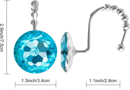 Sunlit Luxury Design Round Teal Blue Diamond Crystal Gem Bling with Glide Balls Shower Curtain Hooks for Mermaid Shower Curtains, Rust Proof Metal Rhinestones Glam Shower Curtain Rings-12 Pack