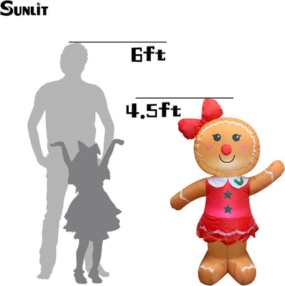 Sunlit 4.5FT Lighted Gingerbread Girl Inflatable Yard Decoration with Blower and Adaptor for Festive Indoor Porch Outdoor Decor