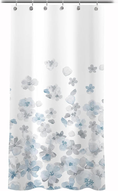 Sunlit Design Simple Style Blue and Gray Flower Blossoms Fabric Shower Curtains for Bathroom Decor with White Background, Machine Washable