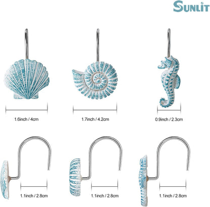 Sunlit Seashells Decorative Shower Curtain Hooks, Blue Ocean Creatures Coastal Shower Curtain Rings, Resin, Nautical Bathroom Decoration Beach Shower Curtain Hooks-12 Pack