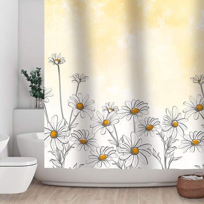 Sunlit Cortinas de ducha de tela de flores de diseño, hermosa decoración de baño de flor de margarita con fondo amarillo