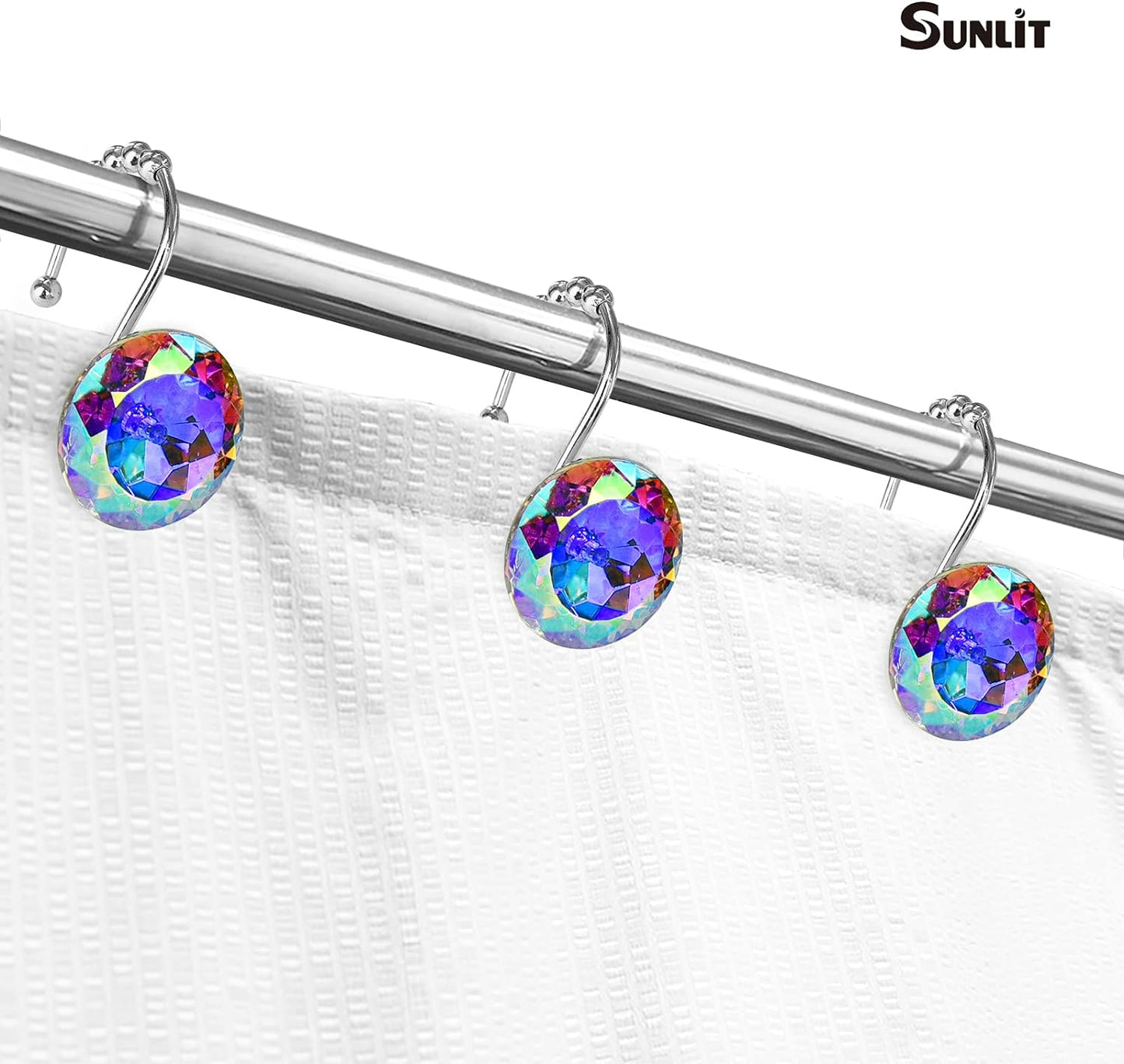 Sunlit Luxury Design Round Teal Blue Diamond Crystal Gem Bling with Glide Balls Shower Curtain Hooks for Mermaid Shower Curtains, Rust Proof Metal Rhinestones Glam Shower Curtain Rings-12 Pack