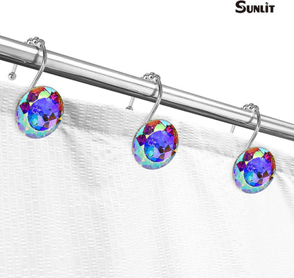 Sunlit Luxury Design Round Teal Blue Diamond Crystal Gem Bling with Glide Balls Shower Curtain Hooks for Mermaid Shower Curtains, Rust Proof Metal Rhinestones Glam Shower Curtain Rings-12 Pack