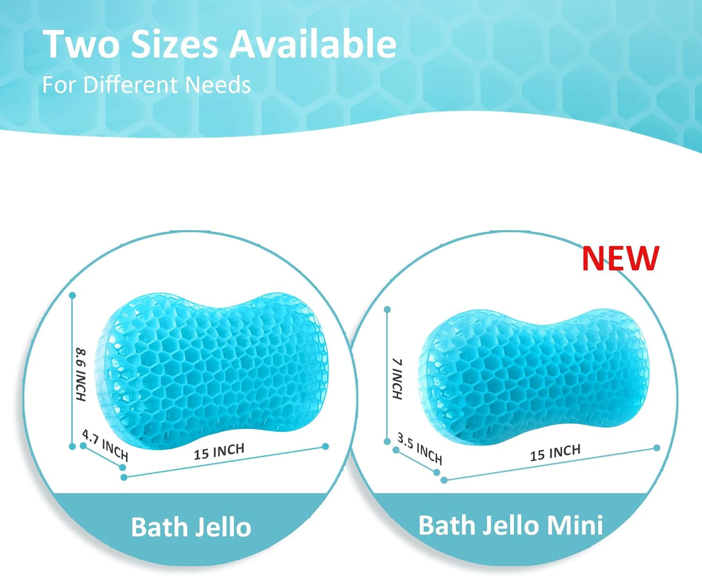 Sunlit Bath Jello Mini Gel Bath Pillows, Lumbar Pillow for Bathtub, Back Support Pillow, Gel Pillow with Non-Slip Suction Cups for Lumbar, Back Rest Support, Fits Curved or Straight Back Tubs, Ice Blue