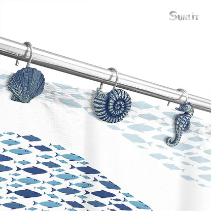 Sunlit Seashells Decorative Shower Curtain Hooks, Blue Ocean Creatures Coastal Shower Curtain Rings, Resin, Nautical Bathroom Decoration Beach Shower Curtain Hooks-12 Pack