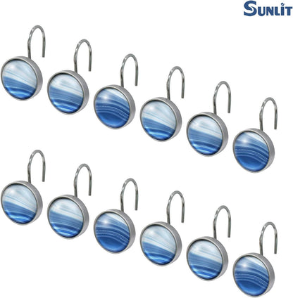 Sunlit Round Crystal Glass Decorative Shower Curtain Hooks, Rust Proof Oil Rubbed Metal Shower Curtain Rings-12 Pack, Gradient Blue