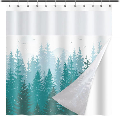 Forest Shower Curtain with snap-in Fabric Liner, Gray Mountain Nature Tree Shower Curtains with Mesh Top Window for Bathroom Decor, Contemporary Bathroom Curtains, See Through Sheer Window, 71x71