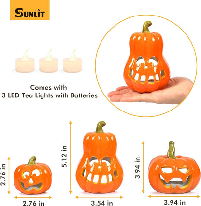 Sunlit Ceramic Pumpkin with 3 Tea Lights, Jack-O-Lantern Candle Holder Set of 3, Tabletop Indoor Halloween Decorations for Holiday Party Home