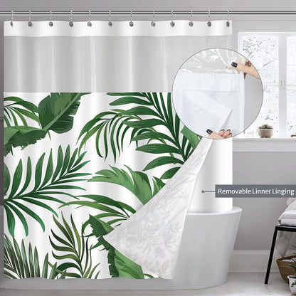 Palm Leaf Shower Curtain with Snap-in Fabric Liner, Green Tropical Shower Curtains with Mesh Top Window for Bathroom Decor, Botanical Plant Bathroom Curtains, See Through Sheer Window, 71x71