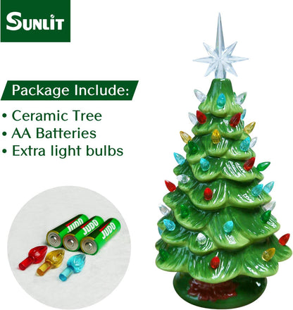 Cordless Lighted Ceramic Christmas Tree Vintage Tabletop Christmas Decoration Pre-Lit Colorful Mini Light Bulbs 13'' Traditional Green AA Battery Operated LED