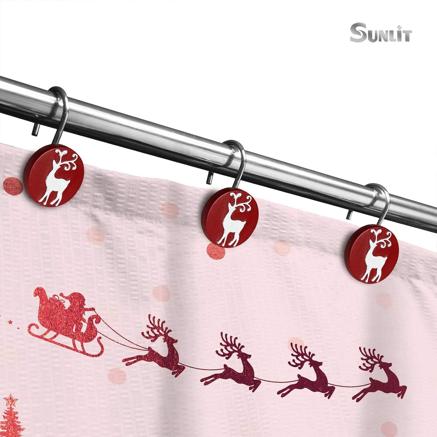 Sunlit Merry Christmas Shower Curtain Hooks White Reindeer Red Shower Curtain Rings, Resin, Winter Bathroom Decoration - 12 Pack