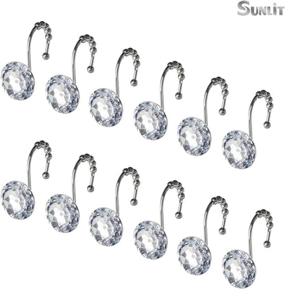 Sunlit Luxury Design Round Teal Blue Diamond Crystal Gem Bling with Glide Balls Shower Curtain Hooks for Mermaid Shower Curtains, Rust Proof Metal Rhinestones Glam Shower Curtain Rings-12 Pack