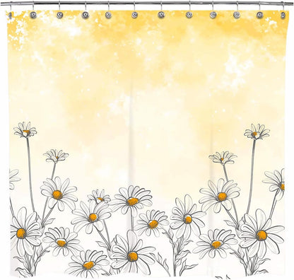 Sunlit Cortinas de ducha de tela de flores de diseño, hermosa decoración de baño de flor de margarita con fondo amarillo