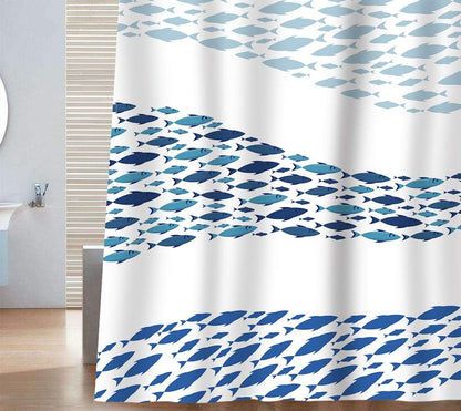 Sunlit Design Blue Fish School Fabric Shower Curtain, Cartoon Fishes Bathroom Decor Curtain, Blue