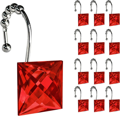 Sunlit Luxury Design Square Red Diamond Crystal Gem Bling with Glide Balls Shower Curtain Hooks, Rust Proof Metal Rhinestones Glam Shower Curtain Rings-12 Pack