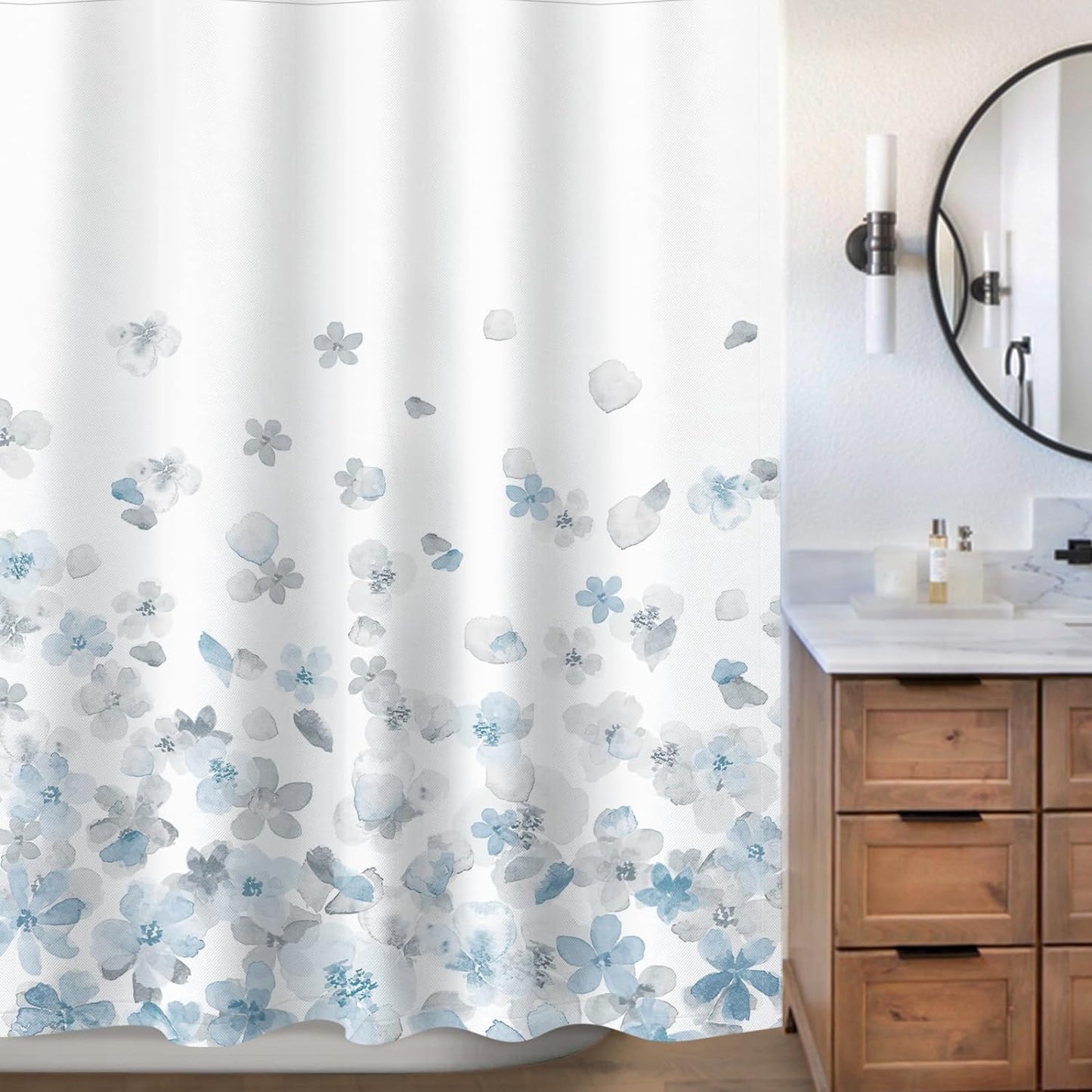 Sunlit Design Simple Style Blue and Gray Flower Blossoms Fabric Shower Curtains for Bathroom Decor with White Background, Machine Washable