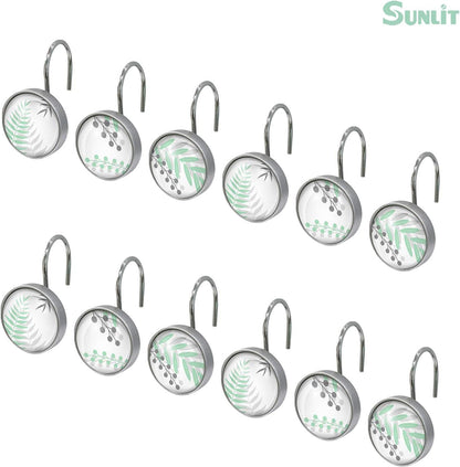 Sunlit Round Crystal Glass Decorative Shower Curtain Hooks, Rust Proof Oil Rubbed Metal Shower Curtain Rings, Leaf Shower Curtain Hooks-12 Pack, Gray Green Leaves