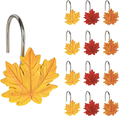 Sunlit Maple Leaf Shower Curtain Hooks for Fall Autumn, Home Decorative Shower Curtain Rings for Bathroom, Resin, Orange Red Maple Leaves Shower Curtain Hangers Hooks Bath Accessories, Set of 12