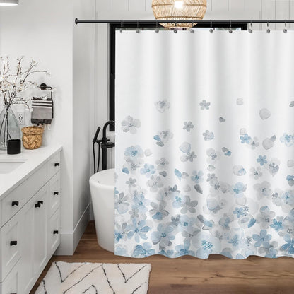 Sunlit Design Simple Style Blue and Gray Flower Blossoms Fabric Shower Curtains for Bathroom Decor with White Background, Machine Washable