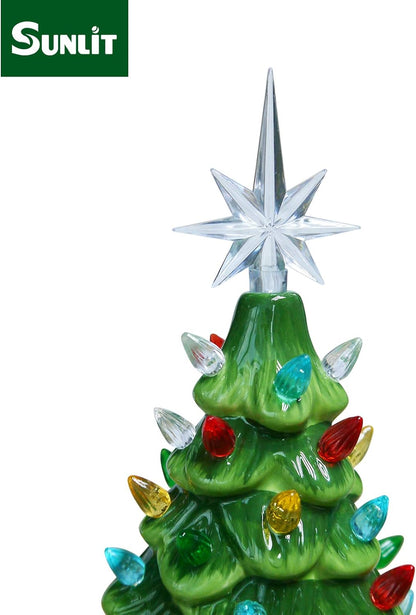 Cordless Lighted Ceramic Christmas Tree Vintage Tabletop Christmas Decoration Pre-Lit Colorful Mini Light Bulbs 13'' Traditional Green AA Battery Operated LED