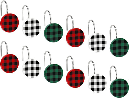 Christmas Decorative Shower Curtain Hooks, Plaid Buffalo Check Shower Curtain Rings, Xmas Classic Decor for Bathroom Home, Round Shower Curtain Hangers, Set of 12, White Black Red Green