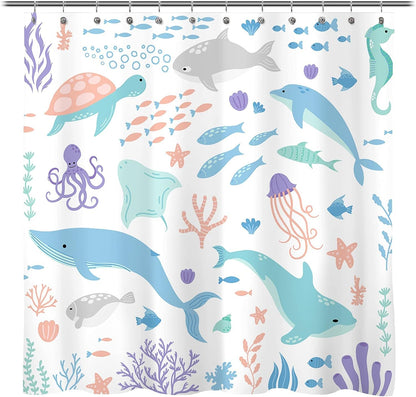 Sunlit Lovely Cartoon Pastel Colors Aquarium Baby Shower Curtain, Ocean Creatures Light Blue Fabric Shower Curtain for Kids, Turtle Dolphins and Fishes Coral Bathroom Decor Curtain for Children