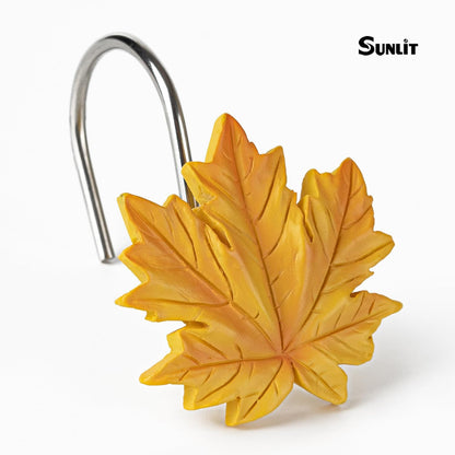 Sunlit Maple Leaf Shower Curtain Hooks for Fall Autumn, Home Decorative Shower Curtain Rings for Bathroom, Resin, Orange Red Maple Leaves Shower Curtain Hangers Hooks Bath Accessories, Set of 12