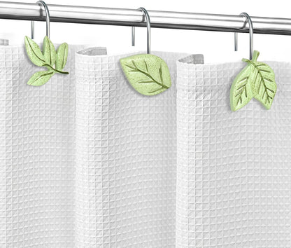 Light Green Plant Leaves Decorative Shower Curtain Hooks, Tropical Botanical Plam Tree Leaf Shower Curtain Rings for Bathroom, Resin, Cute Shower Curtain Hanger Hooks Bathroom Decor, Set of 12