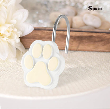 Sunlit Cute Paw Print Decorative Shower Curtain Hooks for Dog Cat Bear, Resin, Lovely Shower Curtain Rings for Kids, Bathroom Decoration Curtain, 12 Pack, White