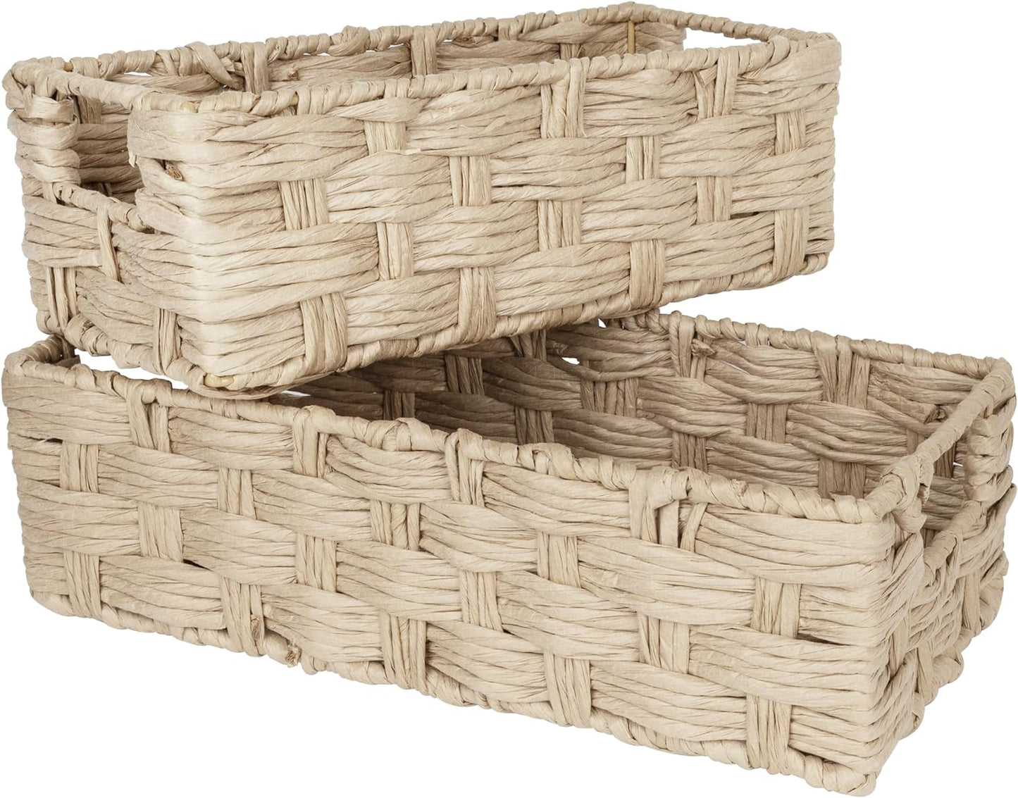 Sunlit Natural Fiber Farmhouse Storage Baskets, Hand Woven Bathroom Storage Boxes, Boho Toilet Paper Tank Basket, Decorative Storage Bins for Countertop, Bathroom Organizer Set of 2, Wavy, Beige