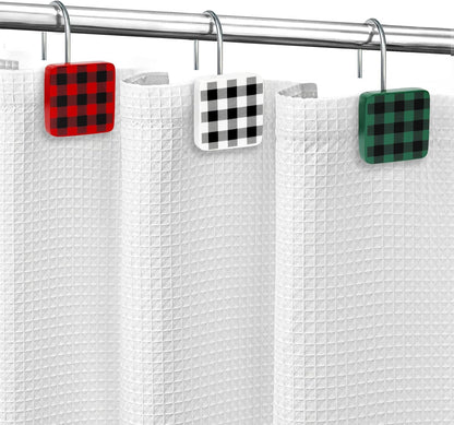 Christmas Decorative Shower Curtain Hooks, Plaid Buffalo Check Shower Curtain Rings, Xmas Classic Decor for Bathroom Home, Round Shower Curtain Hangers, Set of 12, White Black Red Green