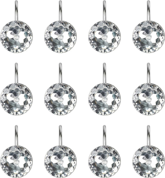 Sunlit Luxury Design Glitter Round Diamond Crystal Gem Bling Shower Curtain Hooks Rust Proof Oil Rubbed Metal Shower Curtain Rings - Rhinestones Clear Glam Shower Curtain Hooks - 12 Pack