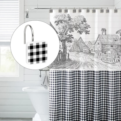 Christmas Decorative Shower Curtain Hooks, Plaid Buffalo Check Shower Curtain Rings, Xmas Classic Decor for Bathroom Home, Round Shower Curtain Hangers, Set of 12, White Black Red Green