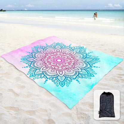 Sunlit Silky Soft 106"x81" Sand Proof Beach Blanket Sand Proof Mat with Corner Pockets and Mesh Bag for Beach Party, Travel, Camping and Outdoor Music Festival, Watercolor Sky Blue Light Pink Mandala