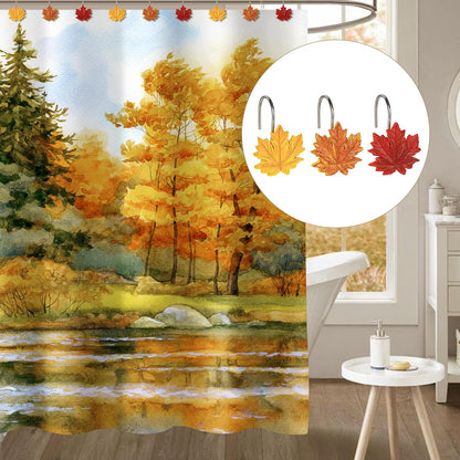 Sunlit Maple Leaf Shower Curtain Hooks for Fall Autumn, Home Decorative Shower Curtain Rings for Bathroom, Resin, Orange Red Maple Leaves Shower Curtain Hangers Hooks Bath Accessories, Set of 12